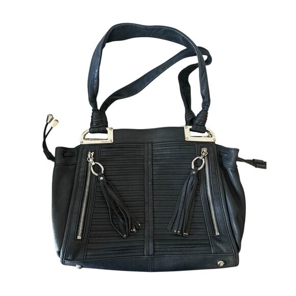 B. MAKOWSKY Black Pebbled Leather Hobo Shoulder Bag Double Handle Fringe Tassels - Picture 10 of 10